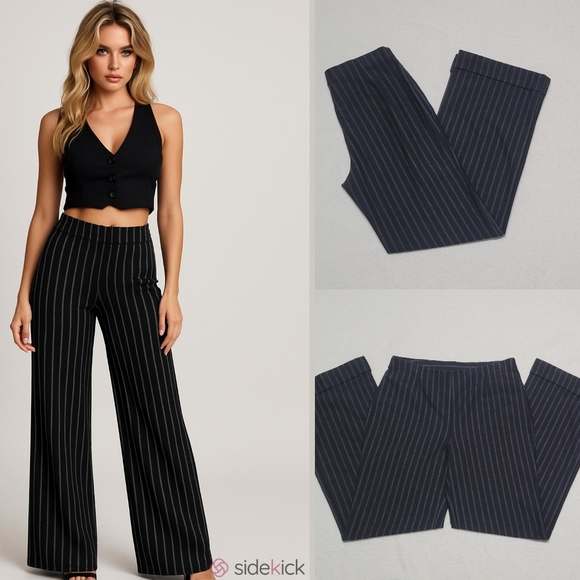 Vintage Pants - 90s Vintage NY&C Black Gray Pinstripe Stretchy Pull-On Cuffed Wide Leg Trousers
